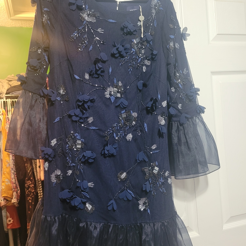 Elegant Marchesa NOTTE  Navy Blue Floral Dress